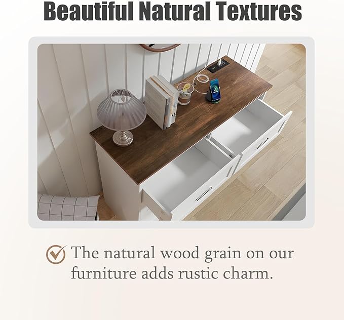 GEPELCN Farmhouse Dresser for Bedroom 6 Drawers Dresser with Power Outlets Rustic Chest of Drawers with Natural Texture White Organizer for Living Room Hallway