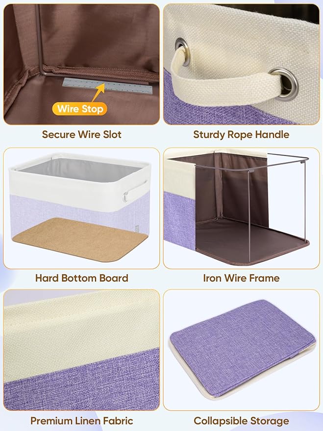 BALEINE 1 Pack Fabric Storage Bins for Shelves, Linen Storage Baskets for Organizing, Decorative Closet Bins for Clothes, Home (Lavender, 15''x11''x9.5'')