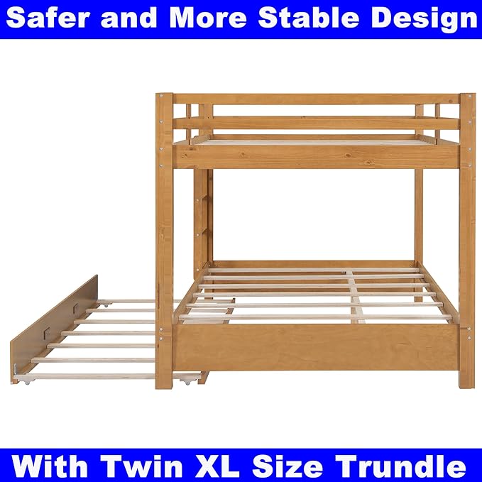 Upgraded Version Thicken Solid Wood Queen Over Queen Bunk Bed with Twin XL Size Trundle, Best Wooden Bunk Bed for Adults, Easy to Assemble (Wood Color with Trundle)