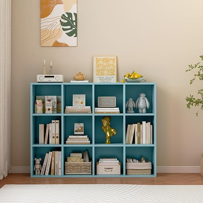 OSCHF 12-Cube Storage Shelf Bookcase - Wooden 3-Tier Floor Standing Open Bookshelf for Home and Office, Display Cabinet, Light Blue