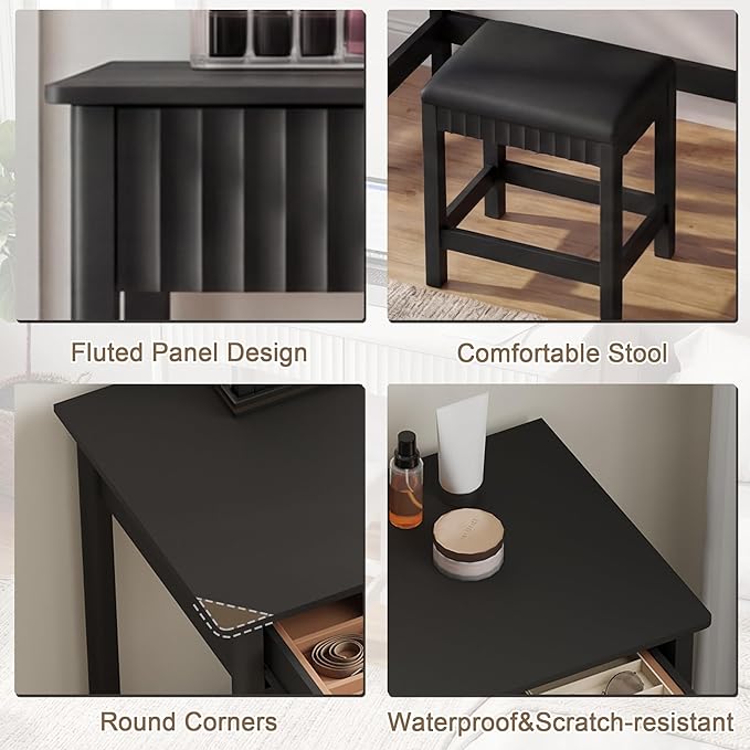 ChooChoo 40 Inch Modern Desk with Drawers, Makeup Vanity Desk with Padded Stool, Small Home Office Desk for Bedroom, Black