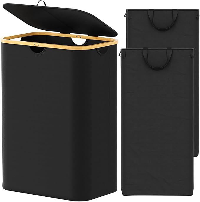 SpaceAid Double Laundry Hamper 2 Section with Lid and Removable Laundry Bags, 160L Clothes Basket with Bamboo Handles, Large Collapsible Hamper for Bedroom, Bathroom, Dorm, Laundry Room - Black