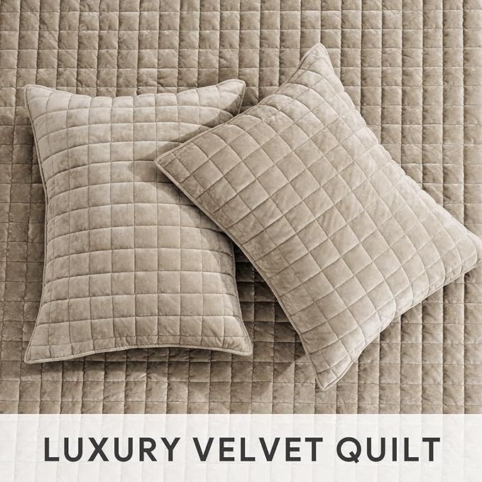 RECYCO Luxury Velvet Quilt Set Full Queen Size Bedding Sets, Ultra Soft Velvet Comforter Set, Lightweight Channel Box Stitch Oversized Bedspread Coverlet for All Season, with 2 Shams, Urban Taupe