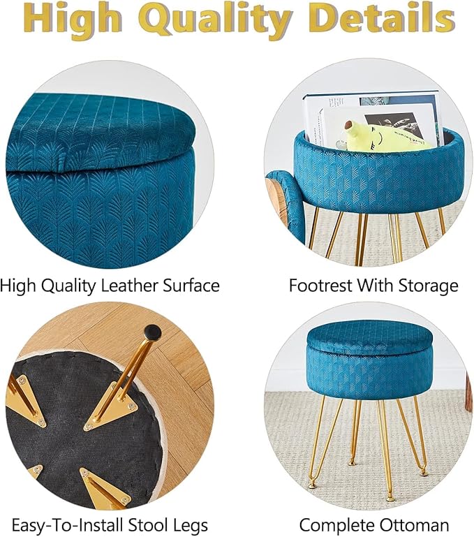 Cpintltr Velvet Storage Ottoman Round Footrest Stool Multifunctional Upholstered Ottoman Modern Accent Vanity Stools Tray Top Coffee Table Suitable for Living Room Bedroom