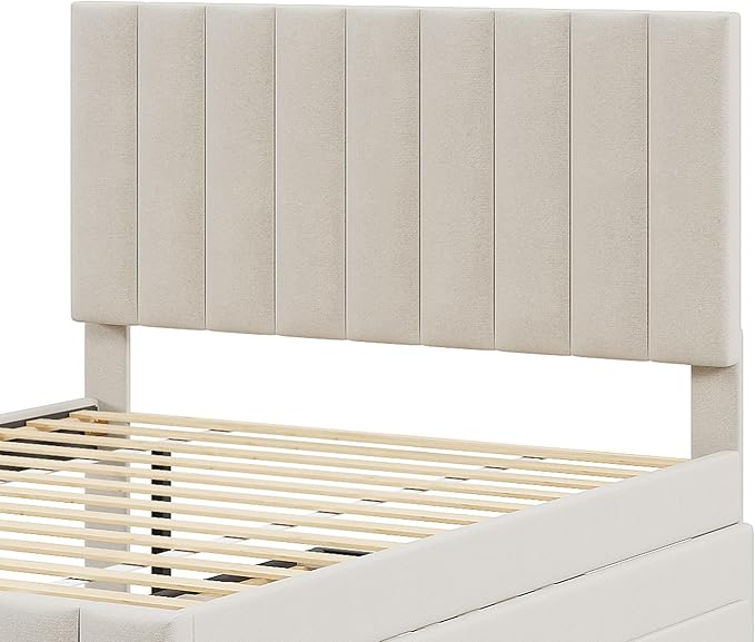 Bellemave Full Size Bed Frame with Twin Trundle Bed and Storage Drawers,Linen Upholstered Bed Frame,Full Size Trundle Bed with Adjustable Headboard for Kids Teens Adults,Beige