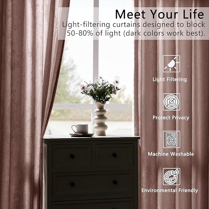 SMILETIME Pink Crushed Velvet Curtains 52x96 inch Luxurious Thermal Insulated Soundproof Drapes for Living Room Bedroom Office Soft and Durable Light-Filtering Window Treatments, 2 Panels