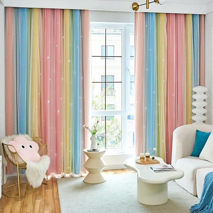 Star Blackout Curtains for Bedroom - Rainbow, 84 Inches Long, 2 Panels - Red, Yellow & Blue