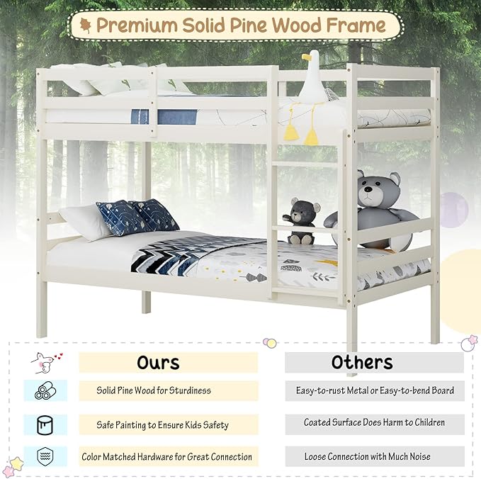 KOMFOTT Wood Bunk Bed Twin Over Twin, Bunk Bed with Ladder & Safety Guardrail, Solid Wood Bed Frame, Ideal for Dormitory & Multiple-Child Family, No Box Spring Needed, Kids Bed Frame
