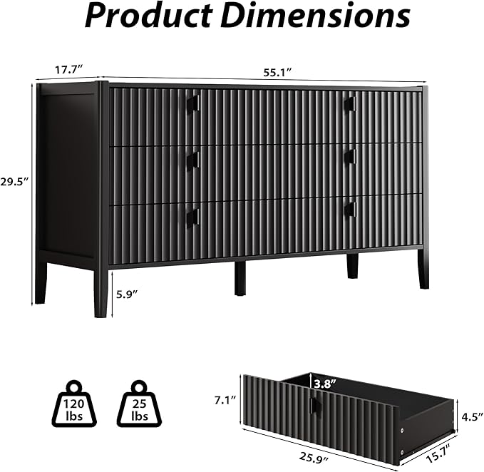 Black 6 Drawer Dresser for Bedroom, Modern Wood Dresser, Fluted Design Double Chest of Drawers with Wood Legs, TV Stand Storage Cabinet for Bedroom, Living Rooms, Offices, and Entryways