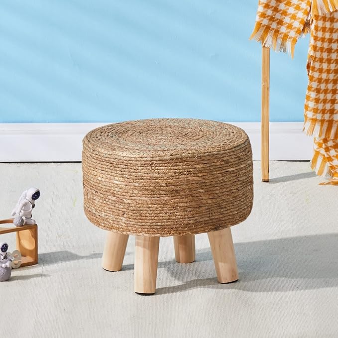 Wimarsbon Round Foot Stool Natural Seagrass Poufs Ottoman Hand Weave Footrest Stool for Couch Desk Extra Seat Step Stool with Solid Wood Legs for Hallway Patio Lounge Natural