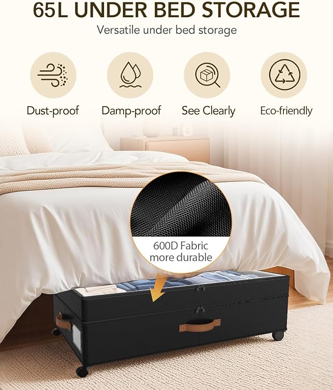 Under Bed Storage with Wheels, 10 inches Under Bed Storage Containers, 65L XXL Large Adjustable Underbed with Lids, Rolling Underbed Storage bins for Shoes, Clothes, Blankets, Black