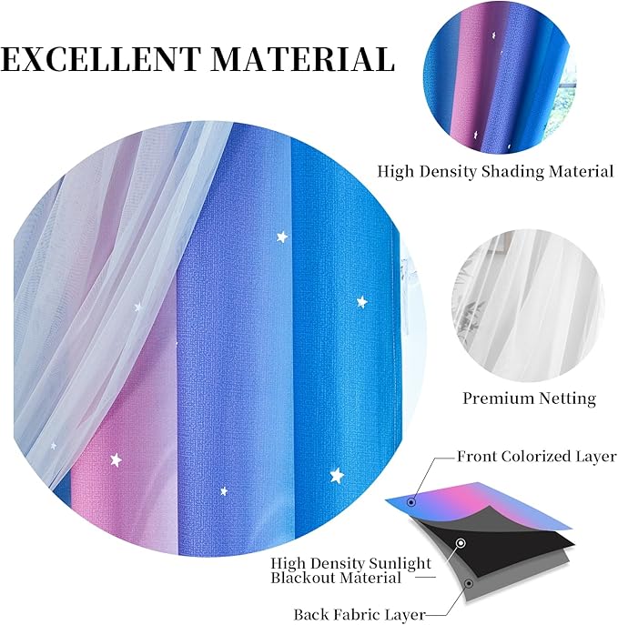 Star Blackout Curtains for Bedroom - Rainbow, 96 Inches Long 2 Panels, Blue & Purple & Pink