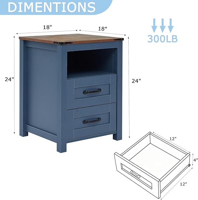 Blue Rustic Night Stand, Farmhouse End Table, Modern Bedside Table with 2 Storage Drawers and Open Shelf, Tall Nightstand for Bedroom