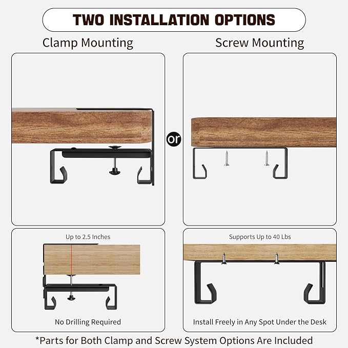 No Drill Under Desk Cable Management Tray, Nonkky Cable Management Under Desk, 40.2" Fabric Cord Hider - Clamp/Screw Mount, Cord Organizer for Office, Home - Supports Up to 40lbs