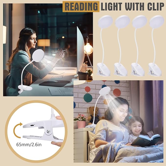 Retisee 12 Pcs Clip on Lamp Bulk LED Reading Light Book Lamp Clamp for Bed with 3 Brightness Level Night Light Clip on for Desk, Bed Headboard, USB Plug-in Style