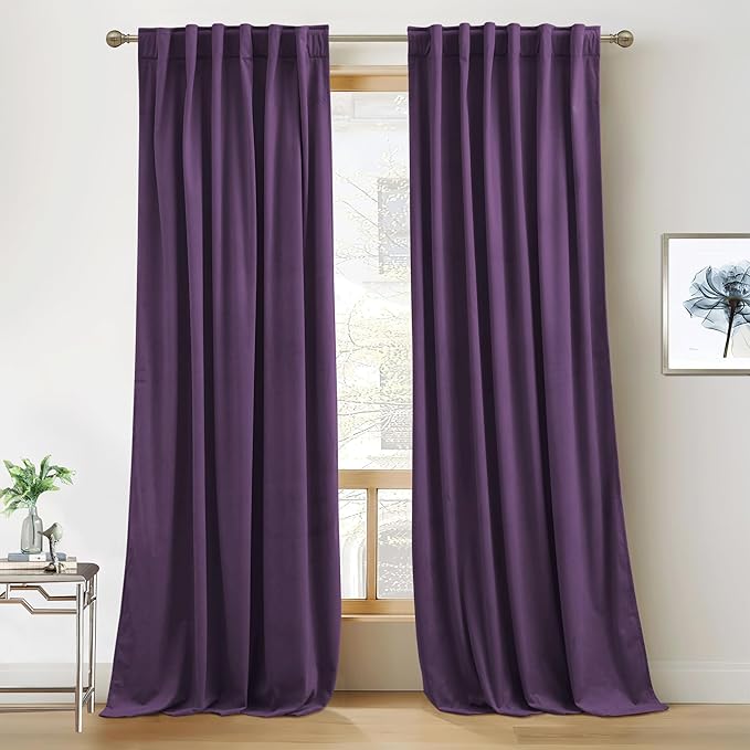 RYB HOME Purple Velvet Curtains 96 inches Length, Back Tab & Rod Pocket Soft Fabric Blackout Thermal Insulated Curtains & Drapes for Bedroom Dining Room, Purple, W 52 x L 96, 2 Panels Set