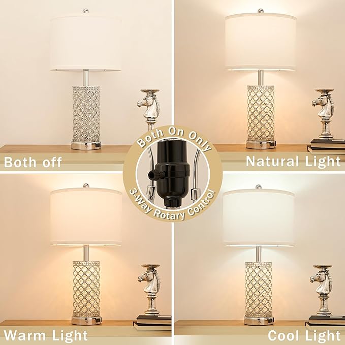 Modern Crystal Table Lamp - 24in Silver Bedroom Lamps 3-Way Dimmable Touch Lamp with Night Light, 2 USB Ports + AC Outlet, Bedside Night Stand Lamp for Living Room Office (Silver- 1 Pack 24In)