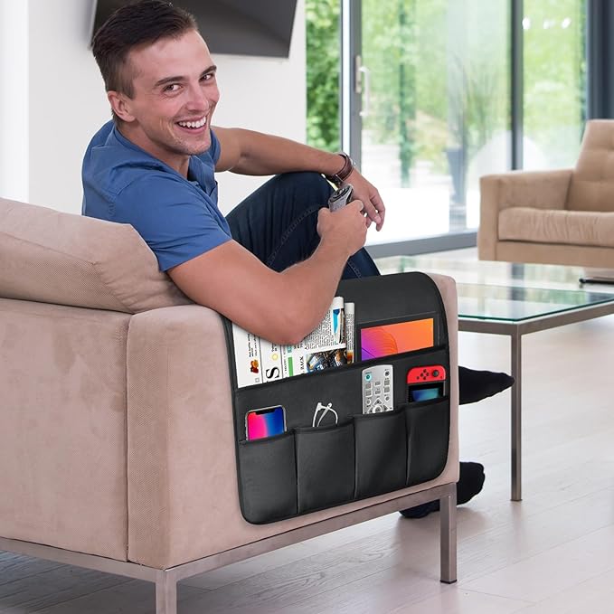 TV Remote Control Holder Couch Caddy, Non-slip Bedside Caddy Organizer with 5 Pockets for Key Glasses Phone Magazine Holders (Black, 35''x18'')