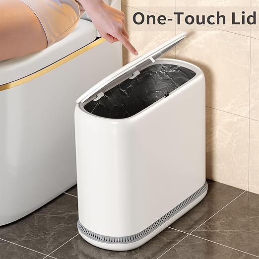 Small Bathroom Trash Can with Lid, 3 Gallon Slim Garbage Bin with Pop-Up Lid & Air-Pressure Bag Lock, Mini Waste Basket for Bathroom, Bedroom, Kitchen, Office, Rv, White - Includes 75 Bags (5 Rolls)