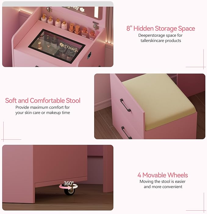 HNEBC 3 in 1 Vanity Desk with Plip Top LED Mirror,Small Dressing Table Set with Visible Glass Desktop,Compact Vanity with 3 Drawers,Storage Compartment and Padded Stool,for Bedroom(Pink)