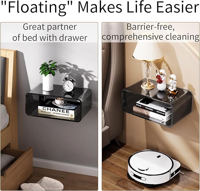 Acrylic Floating Nightstand, Bedside Table, Nightstand Shelf Wall Mounted Bedside Shelf (Black, Small)
