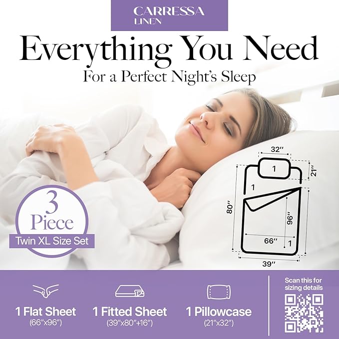 Carressa Linen 100% Egyptian Cotton Twin XL Sheets Set - 600 Thread Count Luxury Egyptian Cotton Sheets Twin XL Size (3 PC, Herb Garden), 16" Deep Pocket, Soft, Cooling, Sateen Weave Dorm Room Bedding