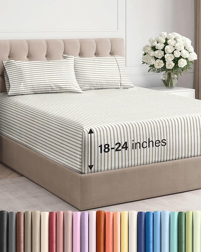 Extra Deep Twin XL Sheet Set - 4 Piece Breathable & Cooling Sheets - Hotel Luxury Bed Sheets Set - Easy Fit - Soft, Wrinkle Free & Comfy Sheets Set - Beige Striped Sheet Set with Extra Deep Pockets