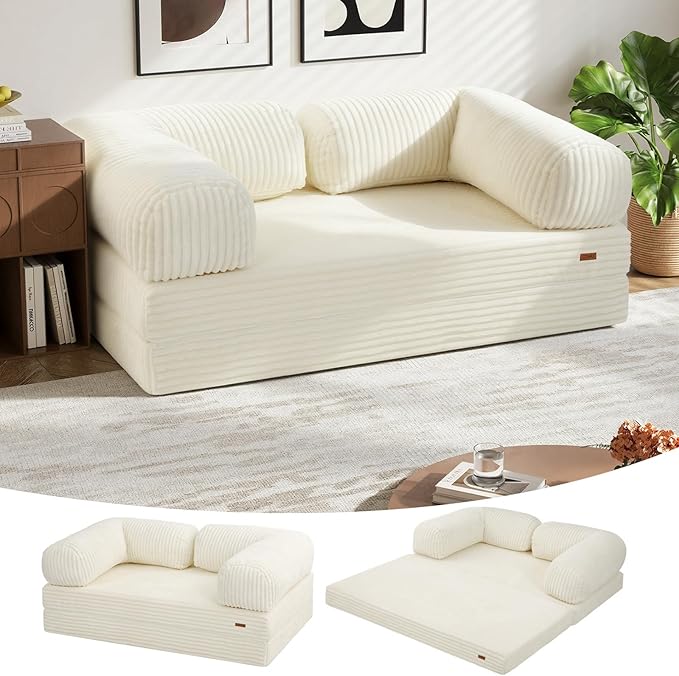 COMAX Folding Sofa Bed Queen, Foldable Couch Bed, Fold Out Futon Chair Sleeper for Adults, Convertible Floor Mattress Sofa for Bedrooom Living Room Guest Room, Faux Fur Light Beige