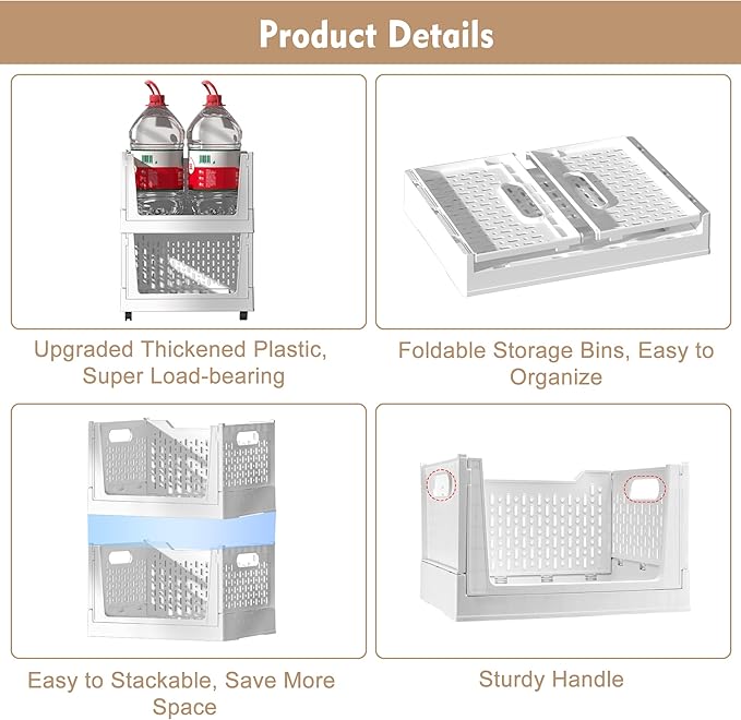 Stackable Plastic Storage Basket, 3 Pack Foldable Closet Organizers and Storage Bins with Wheels, Collapsible Drawer Shelf Storage Box Container for Office Bedroom Closet Wardrobe Kitchen Bathroom