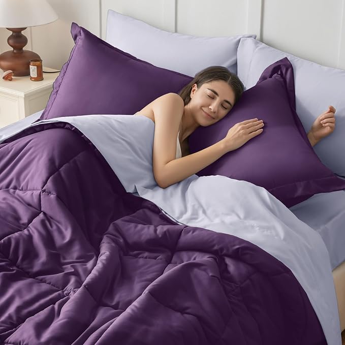 JOLLYVOGUE California King Comforter Set, Ultra-Soft Bed in a Bag Cal King Size 7 Pieces, Oeko-TEX Certified Bedding Set With Down Alternative Comforter, Sheets, Pillowcases & Shams, Purple & Lavender