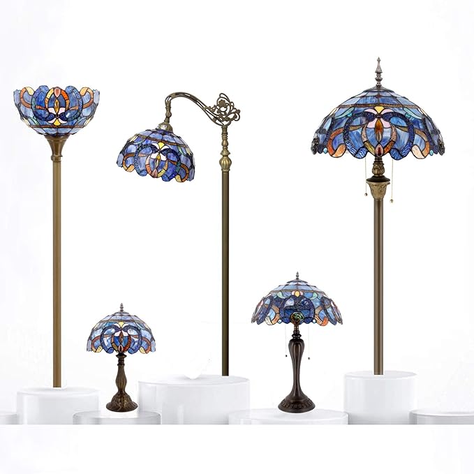 WERFACTORY Tiffany Style Table Lamp Blue Purple Cloudy Stained Glass Mother-Daughter Vase Lamp 16X16X24 Inches Desk Reading Light Decor Bedroom Living Room Home Office S558 Series
