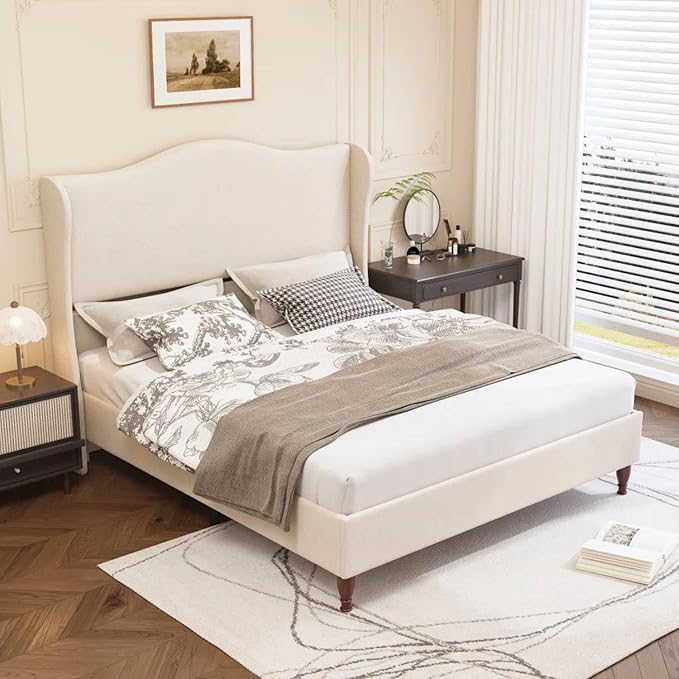 koorlian King Size Bed Frame Fully Upholstered Platform Bed with 51'' Tall Headboard, Sleigh Wingback and Solid Wood Retro Legs, Soft Fabric/Modern Minimalist Style/Easy Assembly, Beige