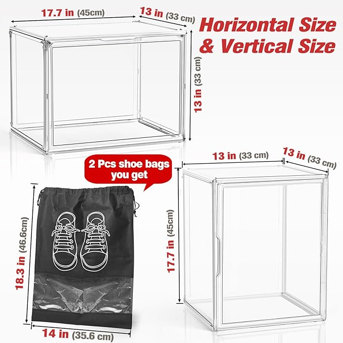 XXX-Large Acrylic Display Case, Clear Shoe Storage Boxes Stackable Shoe Organizer with 2 Shoe Bags Boots Shoe Rack for Closet Sneaker Handbag Collectibles Organizer with Magnetic Door, 1 Pack