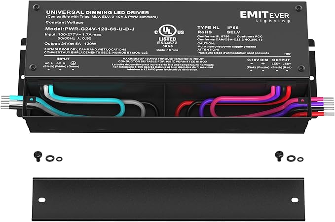 EMITEVER 120W Dimmable LED Driver, 24V Triac Dimmable Power Supply, AC to DC Transformer for LED Light, Compatible with Lutron and Leviton Dimmer, Waterproof IP67 and UL Listed