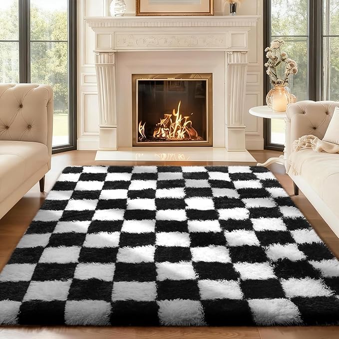 Ophanie Checkered Black & White Rug for Living Room Bedroom, Fluffy Soft Cute Fuzzy Area Rugs, Shag Plush Shaggy Bedside Floor 4x6 Furry Carpet for Kids Baby Teen Dorm Nursery Home Decor Aesthetic