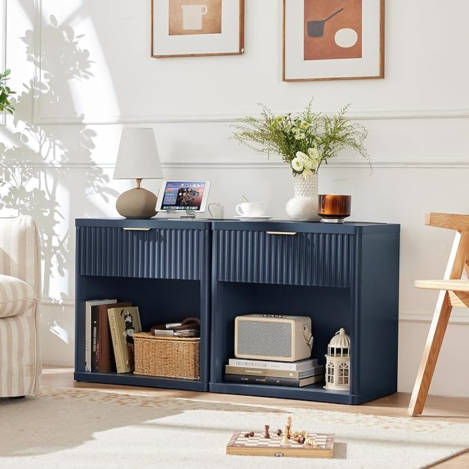 LEYAOYAO 48" Wide Fluted Dresser and 1 Drawers 23" Nightstand Set of 2, Wooden Dresser & Night Stand with Charging Station, 3 Piece Bedroom Furniture Set, Chest of Drawer for Living Room,Blue