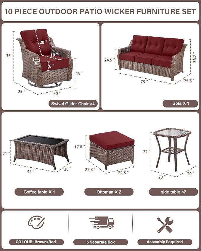10 Piece High Back Outdoor Patio Furniture Set - Patio Conversation Set with Swivel Rocker Outdoor Chairs Set of 4 and 3 Seater Sofa, Wicker Ottoman and Coffee Table for Garden Backyard