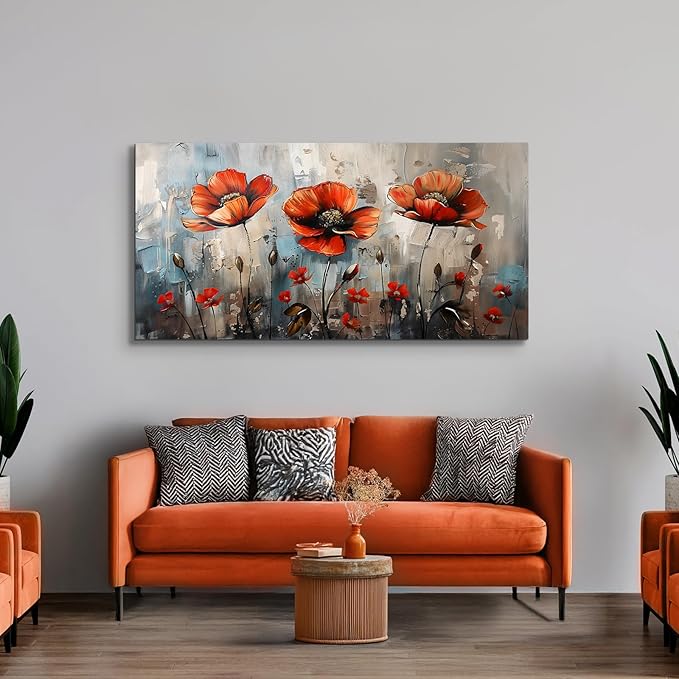 SERIMINO Large Wall Art for Living Room, Nature Floral Botanical Wall Art, Red Flowers Canvas Prints Paintings, Wildflower Modern Home Decor Bathroom Dining Room Kitchen 29"X57"