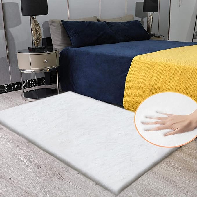 White Shaggy Bunny Fur Rugs for Living Room Washable Furry Area Rugs for Bedroom Nursery Rug 3x5 Teen Room Décor Boho Rug