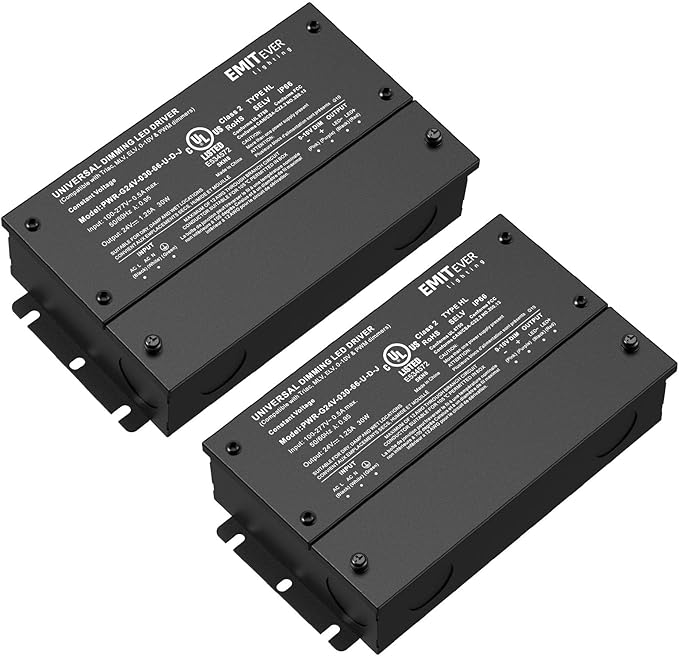EMITEVER Dimmable Led Driver, 2 Packs 30W AC 110V-277V to DC 24V Transformer, 5-in-1 Dimming: ELV/MLV/TRIAC / 0-10V / 1-10V / 10V PWM/Potentiometer, Waterproof IP67 and UL Listed