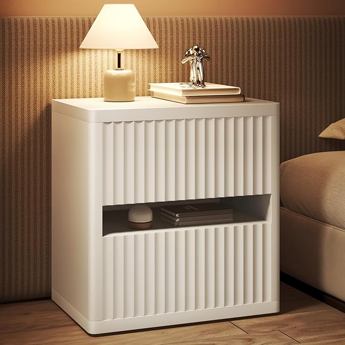 Dripex Fluted Nightstand with 2 Drawers, Large Wide Wood Night Stand Bedside Tables for Bedroom, Mid-Century Modern Storage Bed Side Table, End Tables for Living Room Sofa Couch, White, Set of 1
