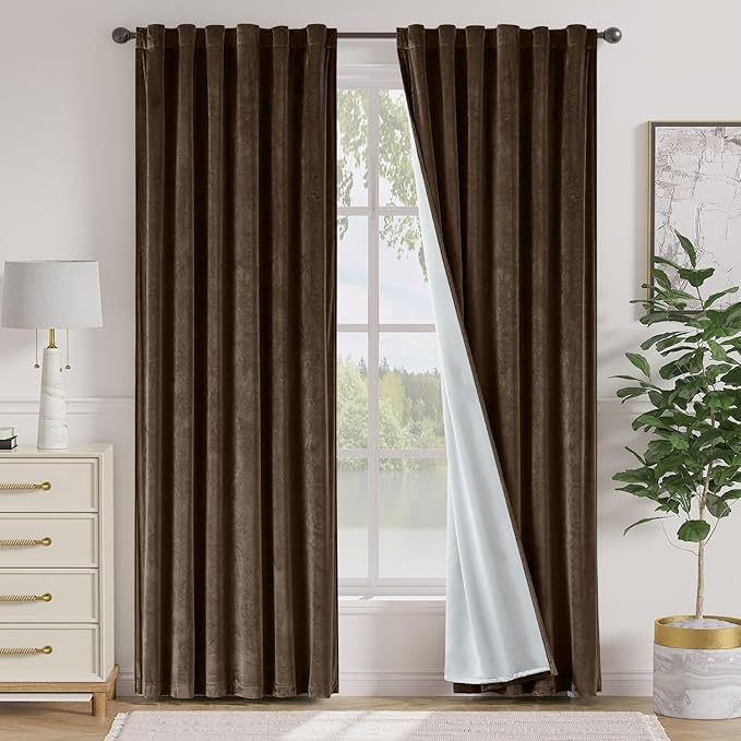 Lazzzy Dark Brown 84 Inch Long (52 x 84 Inch) Blackout Velvet Curtains Thermal Insulated Blackout Curtain Drapes Luxury Back Tab Window Treatments for Bedroom Living Room 2 Panels, Truffle