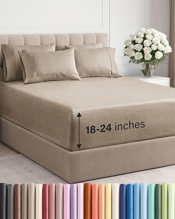 Extra Deep Queen Sheet Set - 6 Piece Breathable & Cooling Sheets - Hotel Luxury Bed Sheets Set - Easy Fit - Soft, Wrinkle Free & Comfy Sheets Set - Heathered Beige Sheet Set with Extra Deep Pockets