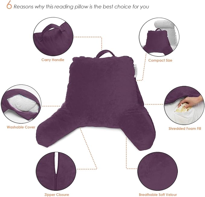 Nestl Reading Pillow for Kids & Teens with Shredded Memory Foam, Backrest Pillows for Reading, Watching, and Gaming, Use on The Couch, Bed, or Floor, Adjustable Support with Washable Cover Purple