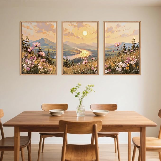 LHIUEM Large Boho Sunset Wildflower Framed Canvas Wall Art,Nature Pink Flower Wall Decor,Blossom Botanical Mountain Landscape Artwork for Living Room,Bedroom,Dining Room,Office -24"x36"x3
