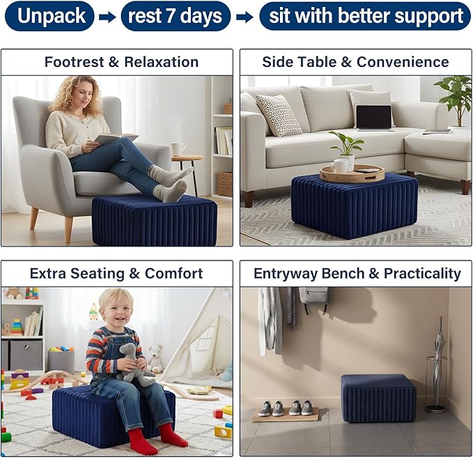 Tiita Suqre Stuffed Pouf Ottoman, Stripe Poufs 21×21×10 inch with Foam Chunk Filling, Floor Bean Bag Floor Chair Storage for Living Room Bedroom Home Decor, Navy Blue
