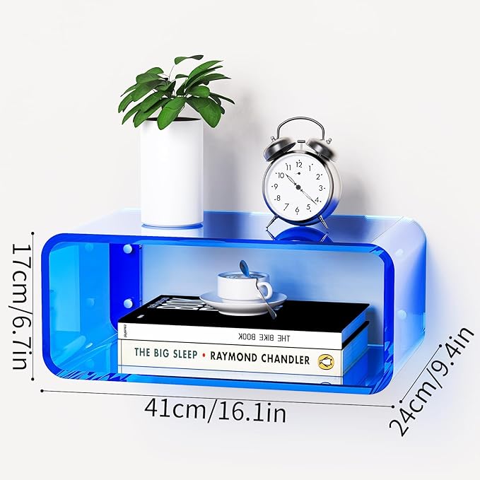 Acrylic Floating Nightstand, Bedside Table, Nightstand Shelf Wall Mounted Bedside Shelf (Blue, Small)