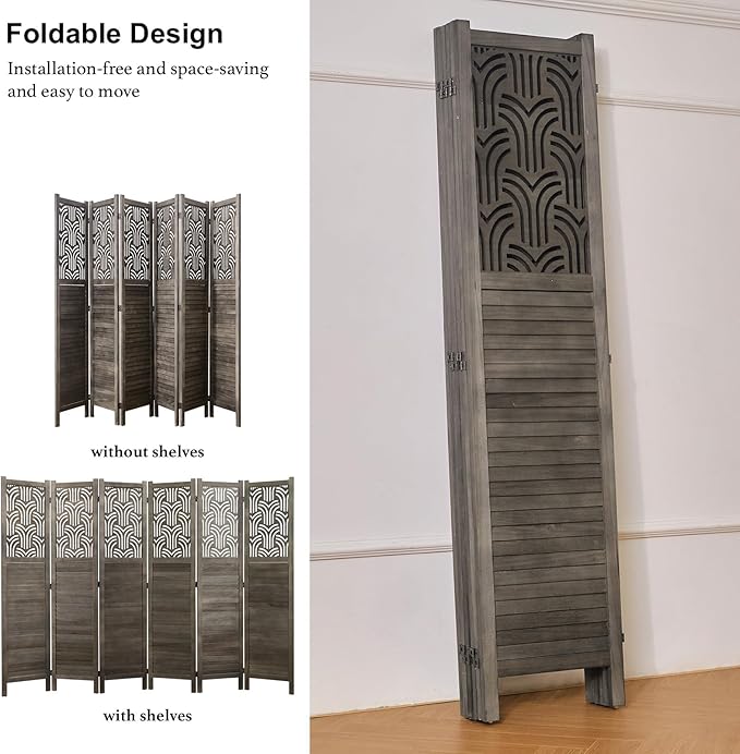Svimi Folding Room Divider, 66.9 Inch 6 Panels Wood Carved Privacy Screens, Free Assembled Freestanding Portable Separation Wall for Home Office Restaurant Bedroom (Gray)