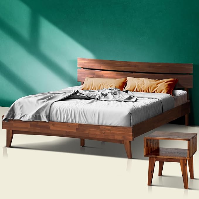 Acacia Aurora King Solid Wood Bed Frame with Headboard – Gift Matching Nightstand Included, Mid-Century Modern Farmhouse, Walnut Finish, 800 lbs Capacity, Sturdy, No Box Spring, Easy Assembly