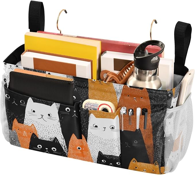 Bedside Caddy Hanging Bunk Bed Caddy Bed Organizer Hanging Pocket with 2 Hooks Bedside Storage Organizer Pocket Bag Holder Black and White Orange Cat